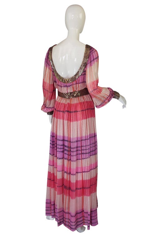 1960s Pink & Gold Silk Chiffon Dress with Silver Beading In Excellent Condition In Rockwood, ON
