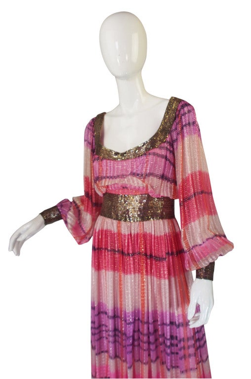 1960s Pink & Gold Silk Chiffon Dress with Silver Beading 1