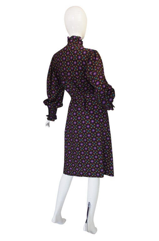 1970s Yves Saint Laurent Purple Print Challis Smock Dress In Excellent Condition In Rockwood, ON