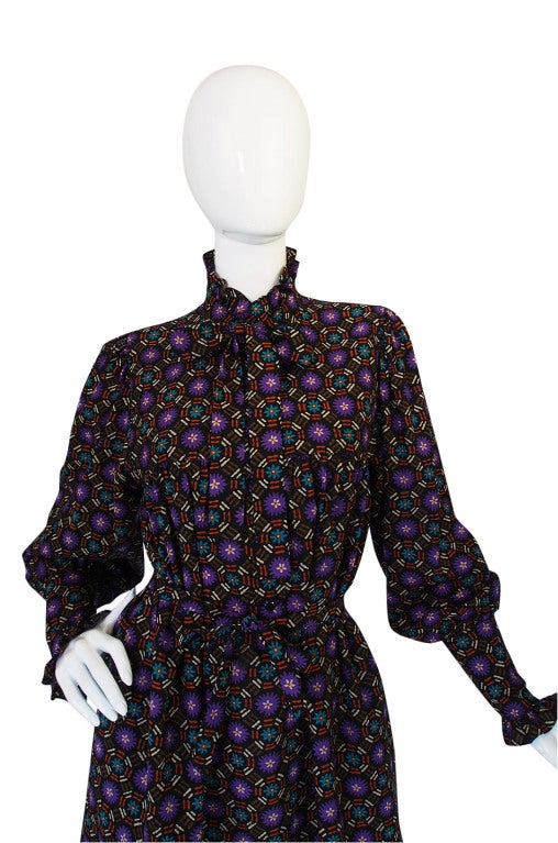 Women's 1970s Yves Saint Laurent Purple Print Challis Smock Dress