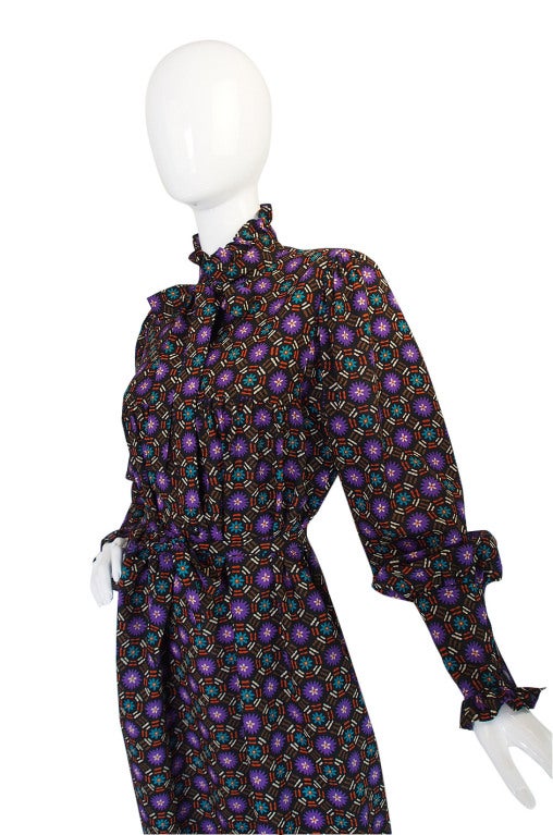 1970s Yves Saint Laurent Purple Print Challis Smock Dress 1