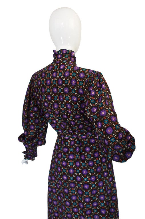 1970s Yves Saint Laurent Purple Print Challis Smock Dress 2