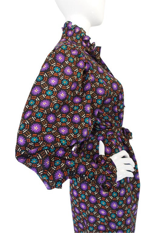 1970s Yves Saint Laurent Purple Print Challis Smock Dress 3