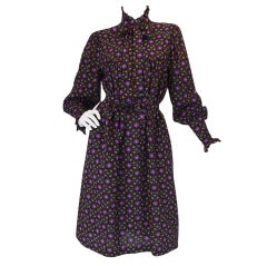 1970s Yves Saint Laurent Purple Print Challis Smock Dress