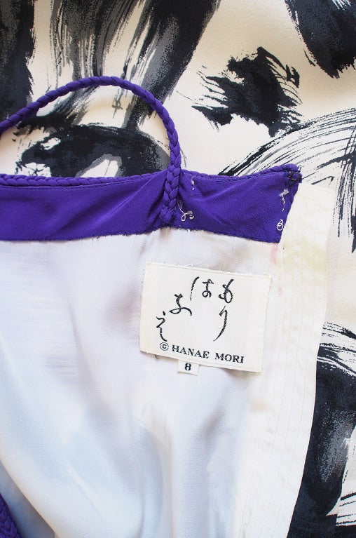 1970s Hanae Mori Silk Dress & Scarf w Purple & Graphic Print 6