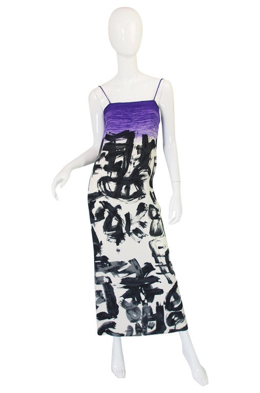 1970s Hanae Mori Silk Dress & Scarf w Purple & Graphic Print In Excellent Condition In Rockwood, ON
