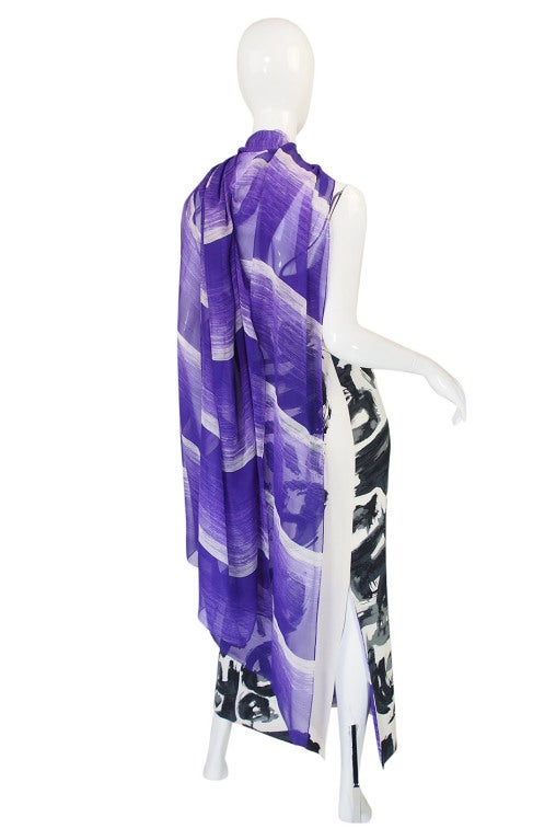 1970s Hanae Mori Silk Dress & Scarf w Purple & Graphic Print 1