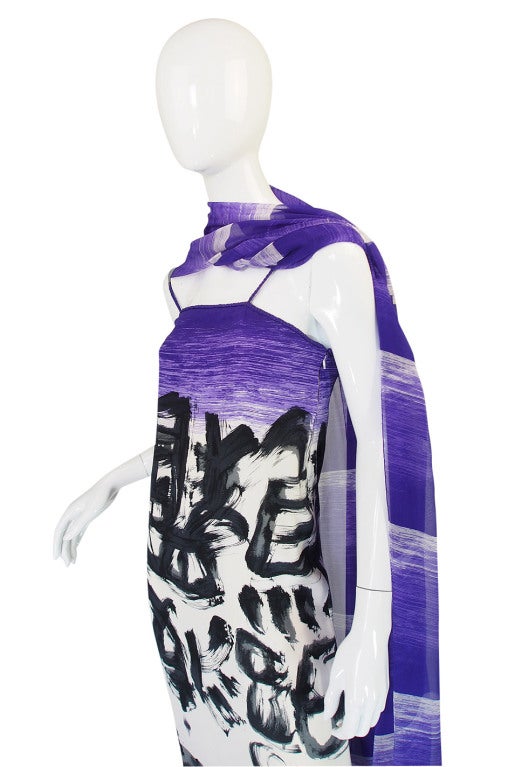 1970s Hanae Mori Silk Dress & Scarf w Purple & Graphic Print 2