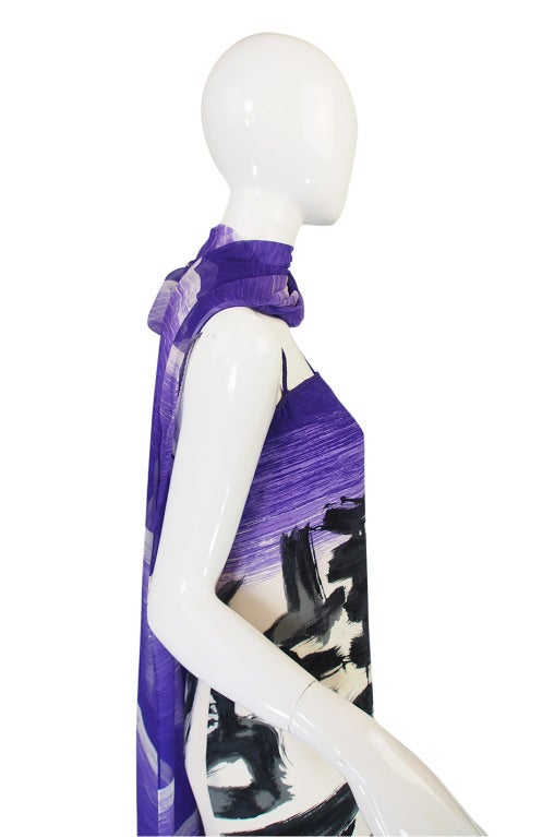 1970s Hanae Mori Silk Dress & Scarf w Purple & Graphic Print 3