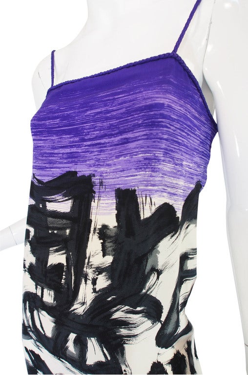 1970s Hanae Mori Silk Dress & Scarf w Purple & Graphic Print 5