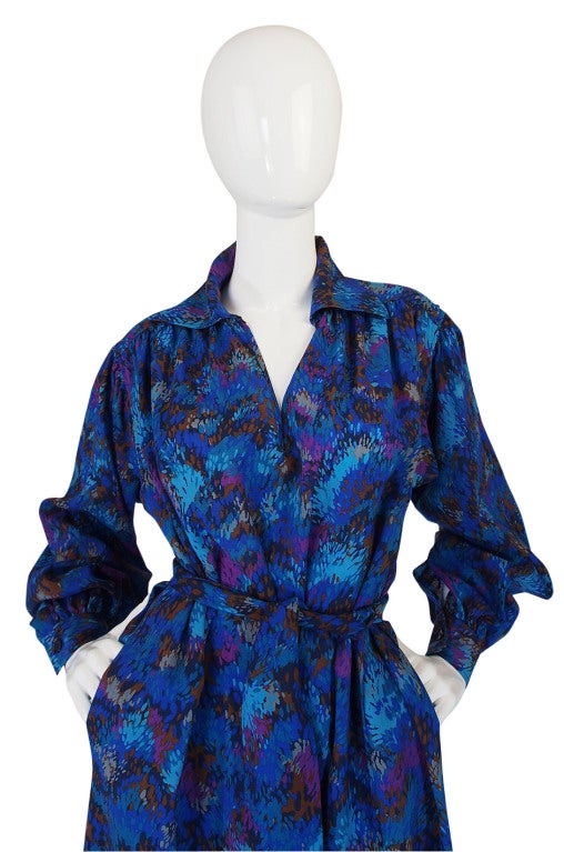 1970s Yves Saint Laurent Challis Brilliant Blue Dress In Excellent Condition In Rockwood, ON