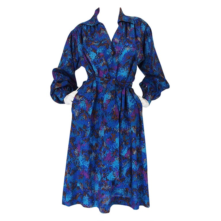 1970s Yves Saint Laurent Challis Brilliant Blue Dress