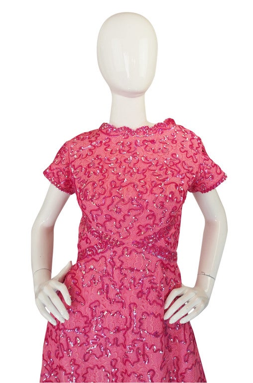 1960s Beautiful Pink Sequin & Lace Hostess Dress 1