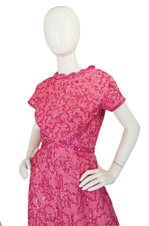 1960s Beautiful Pink Sequin and Lace Hostess Dress at 1stdibs