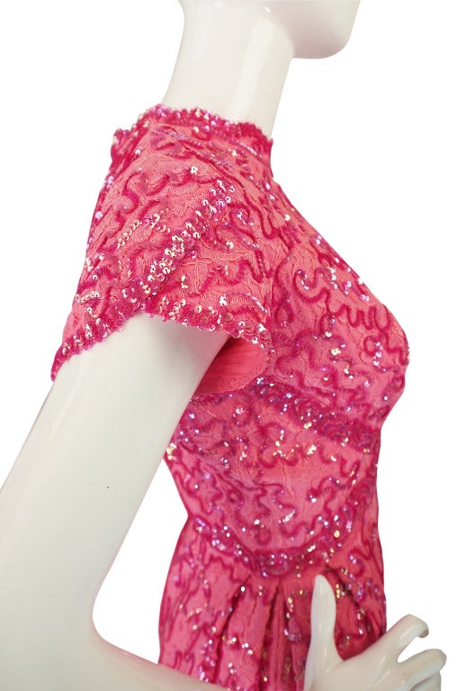 1960s Beautiful Pink Sequin & Lace Hostess Dress 4
