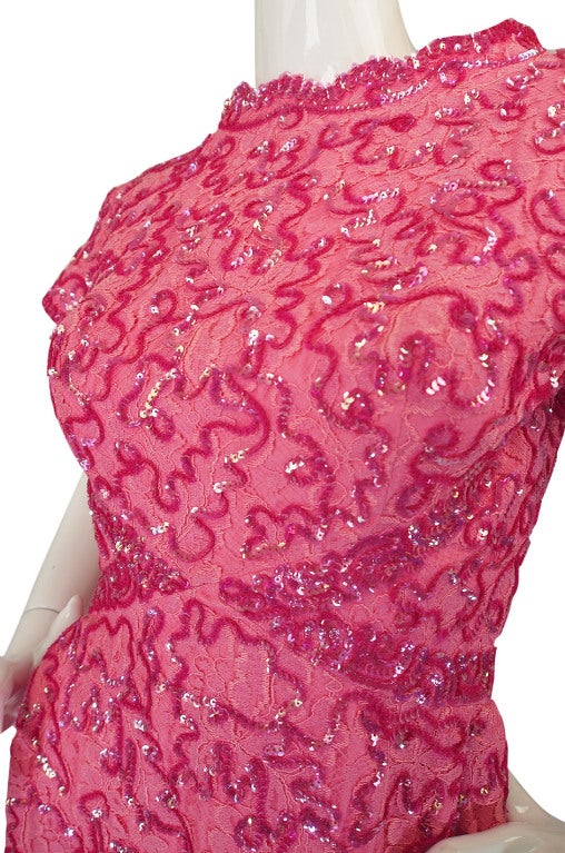1960s Beautiful Pink Sequin & Lace Hostess Dress 5