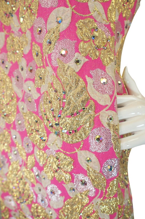 1960s Kiki Hart Rhinestone Pink Silk Brocade For Sale 5