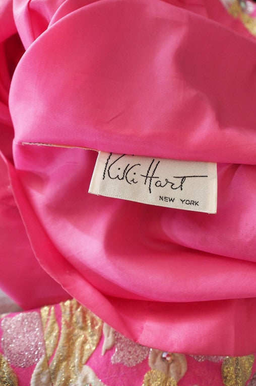 1960s Kiki Hart Rhinestone Pink Silk Brocade For Sale 6