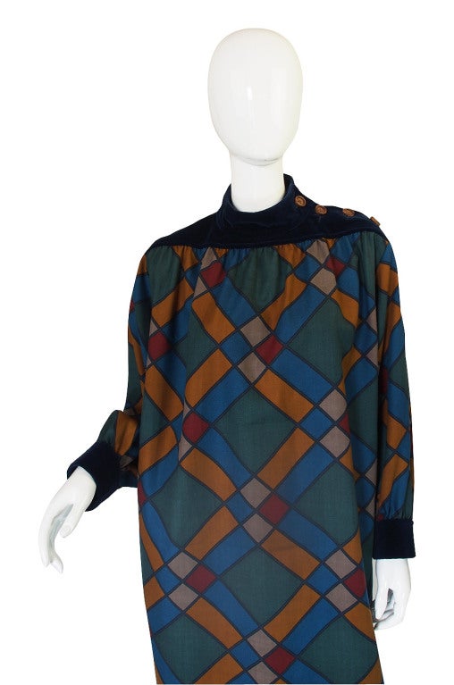 Women's 1980s Yves Saint Laurent Challis and Velvet Sack Dress