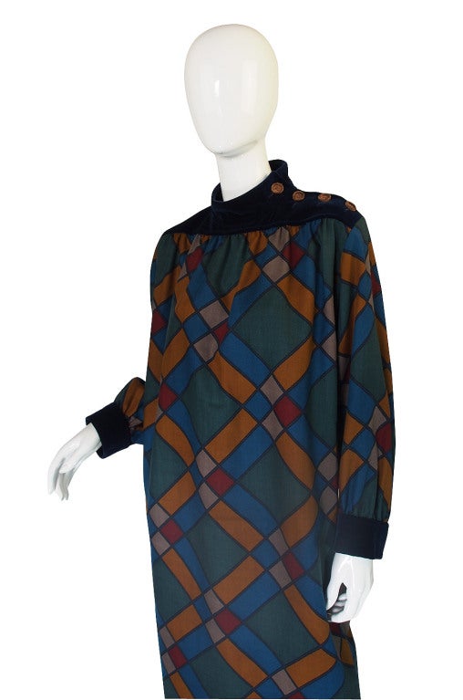 1980s Yves Saint Laurent Challis and Velvet Sack Dress 1