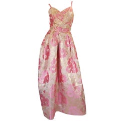 1950s Pink Silk I . Magnin Brocade Gown