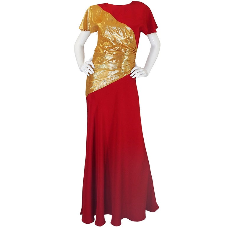 1980s Bruce Oldfield Red & Gold Silk Gown For Sale