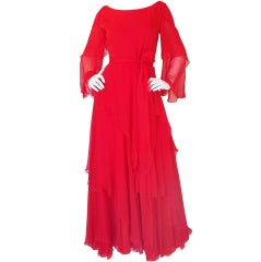 Vintage Michael Novarese Tiered Red Silk Chiffon Dress, 1970s 