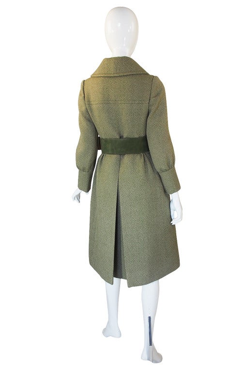 1960s Rare Philippe Venet Green Coat & Belt In Excellent Condition For Sale In Rockwood, ON