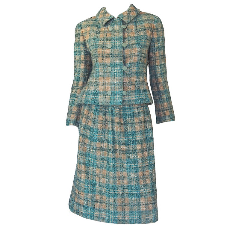 1960s Christian Dior Teal Boucle Suit