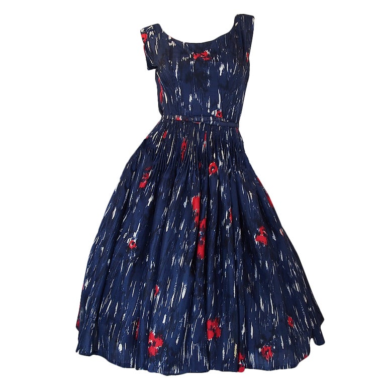 1950s Madeleine Fauth Silk Print Dress For Sale