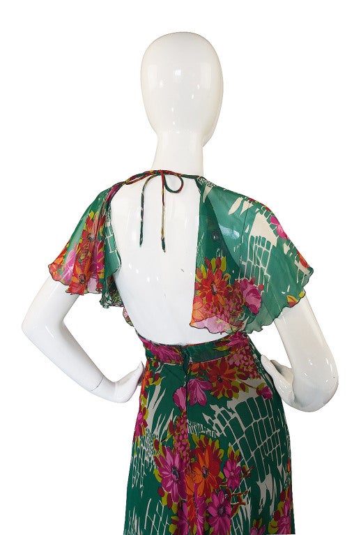 1970s Backless Scott Barrie Printed Silk Chiffon Dress 1