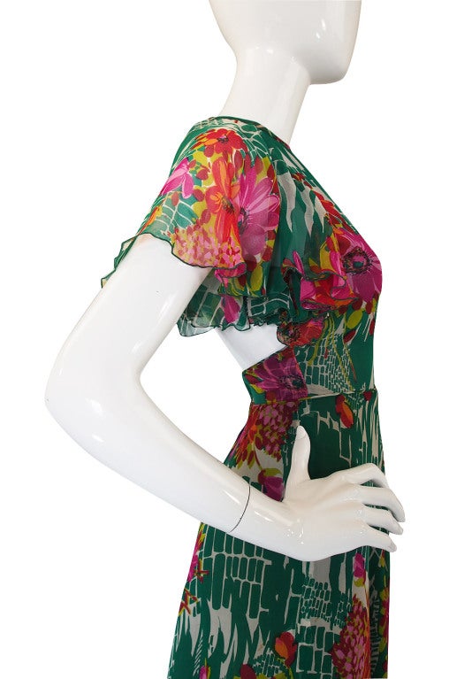 1970s Backless Scott Barrie Printed Silk Chiffon Dress 2