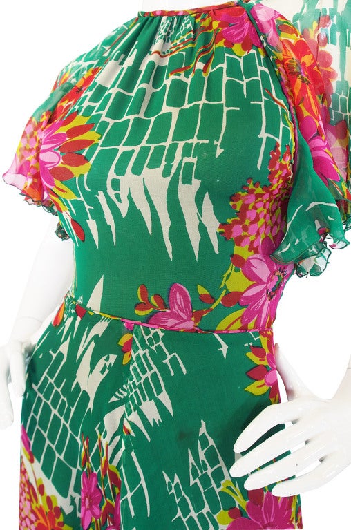 1970s Backless Scott Barrie Printed Silk Chiffon Dress 3