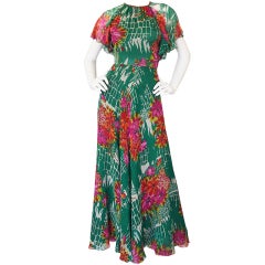 1970s Backless Scott Barrie Printed Silk Chiffon Dress