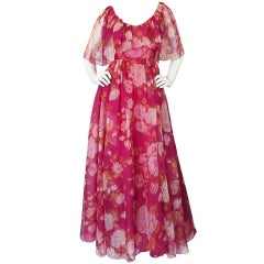Wonderful 1960s Jean Louis Pink Floral Silk Chiffon Gown 10
