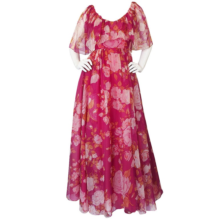 Wonderful 1960s Jean Louis Pink Floral Silk Chiffon Gown For Sale at ...
