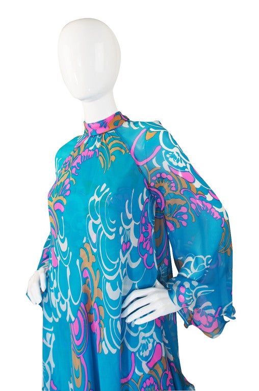 1970s Turquoise Silk Chiffon Hanae Mori Maxi For Sale 1