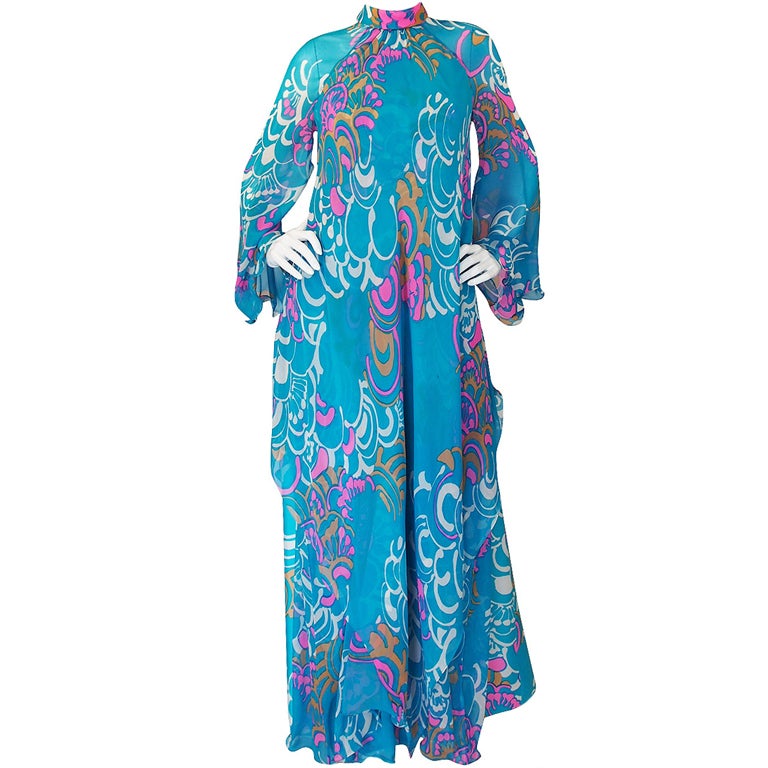 1970s Turquoise Silk Chiffon Hanae Mori Maxi For Sale