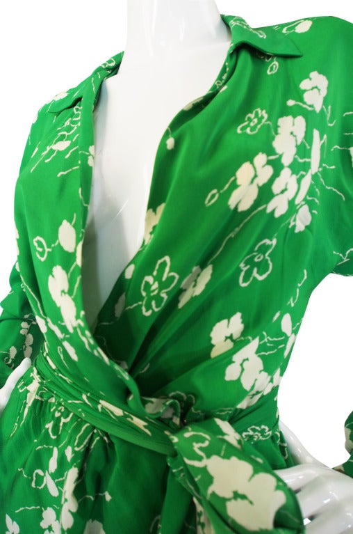 Resort 1977 Halston Green Silk Wrap Print Dress 1