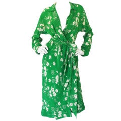 Resort 1977 Halston Green Silk Wrap Print Dress