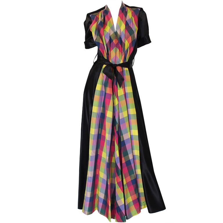 1940s Slipper Satin & Taffeta Plaid Gown For Sale
