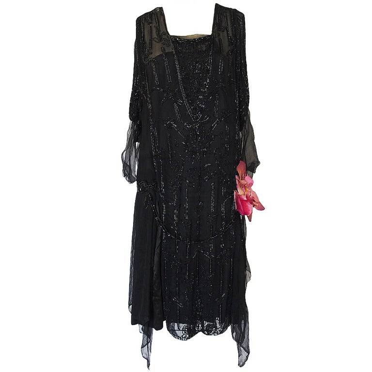 1920s Heavily Beaded and Sequin Silk Chiffon Flapper Dress at 1stdibs