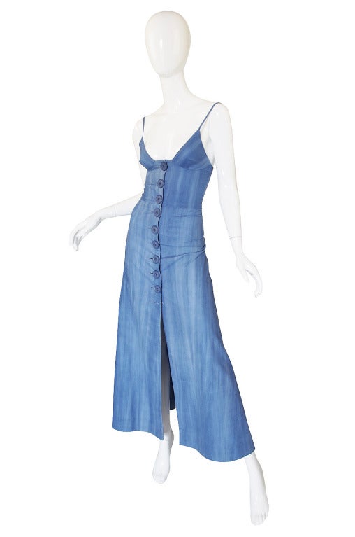 1960s Biba Denim Look Plunge Maxi Dress In Excellent Condition In Rockwood, ON