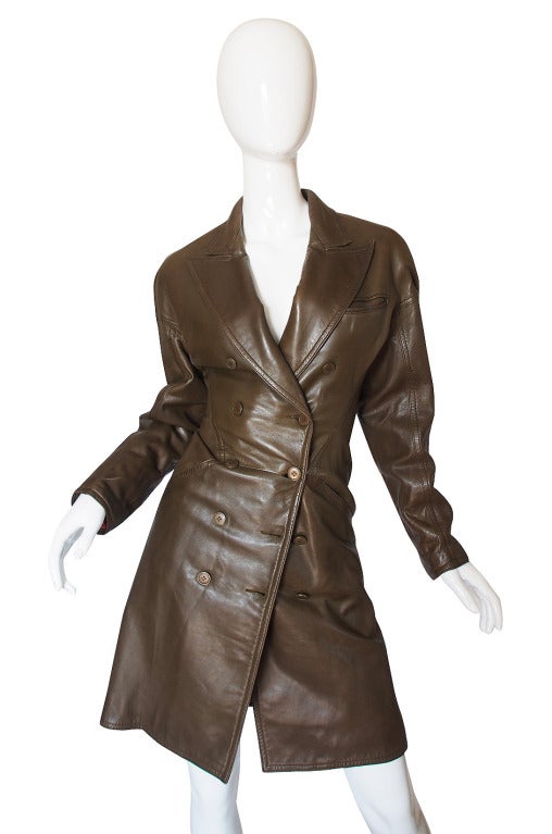 1980s Alaia Olive Leather Bustle Back Coat or Dress In Excellent Condition In Rockwood, ON