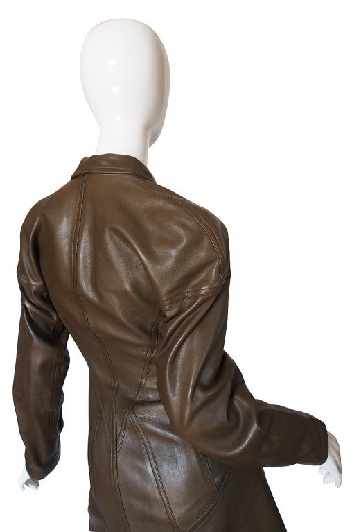 1980s Alaia Olive Leather Bustle Back Coat or Dress 1