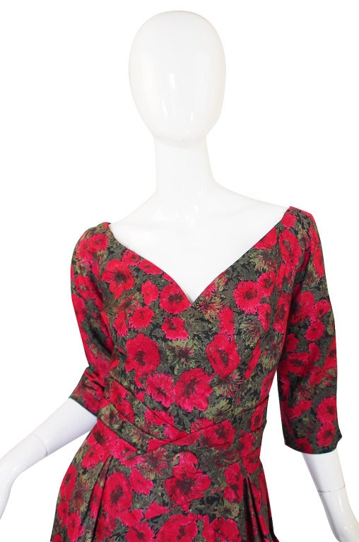 1950s Red Rose Silk Suzy Perette Dress In Excellent Condition For Sale In Rockwood, ON