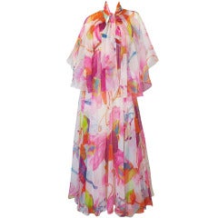 Retro 1970s Mignon Pink Halter Chiffon Gown