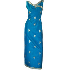 Vintage 1950s Blue Fine Tissue Silk & Gold Gown