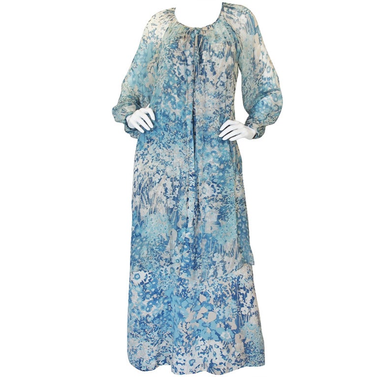 1970s Oscar De La Renta Blue Silk Dress For Sale