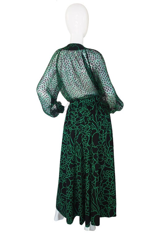 1970s Green Print Chanel Silk Top & Skirt